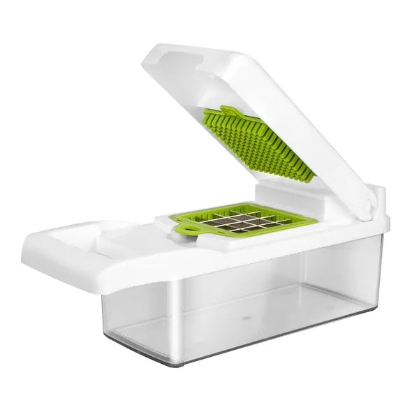 Vegetable chopper with dicing grid and lid open on a white background