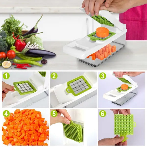 Step-by-step use of the vegetable chopper and its different cutting blades