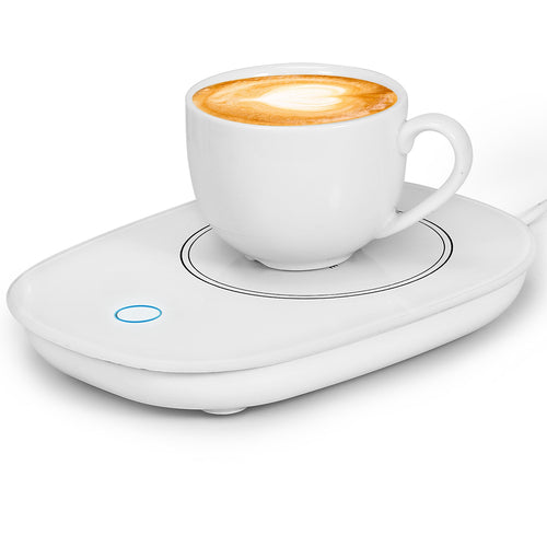 White smart mug warmer with a cup of coffee on top