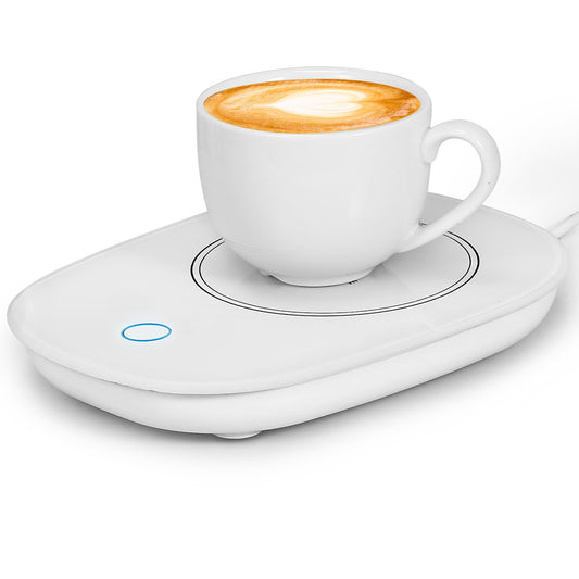 White smart mug warmer with a cup of coffee on top