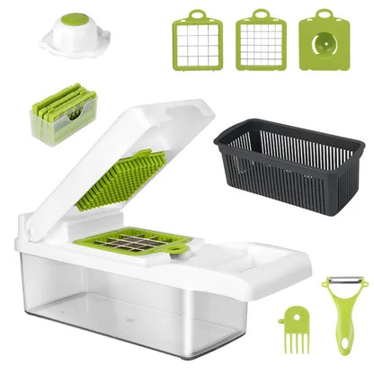 12-in-1 vegetable chopper with container and all included blades, graters, peeler and colander