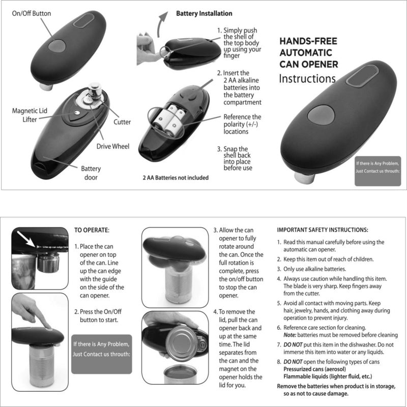 Electric can opener instructions and battery installation guide
