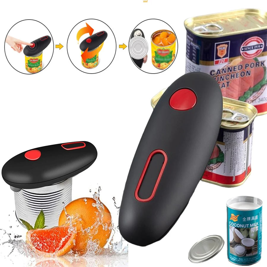 Black electric can opener with a red button next to an opened can