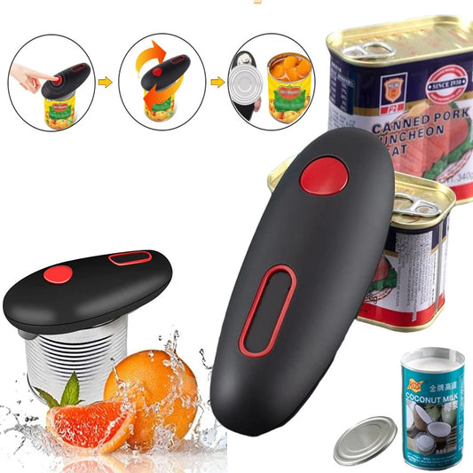 Black electric can opener with a red button next to an opened can
