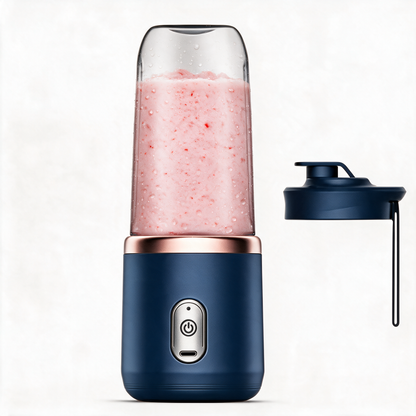 Navy blue portable blender with spare lid with carry strap