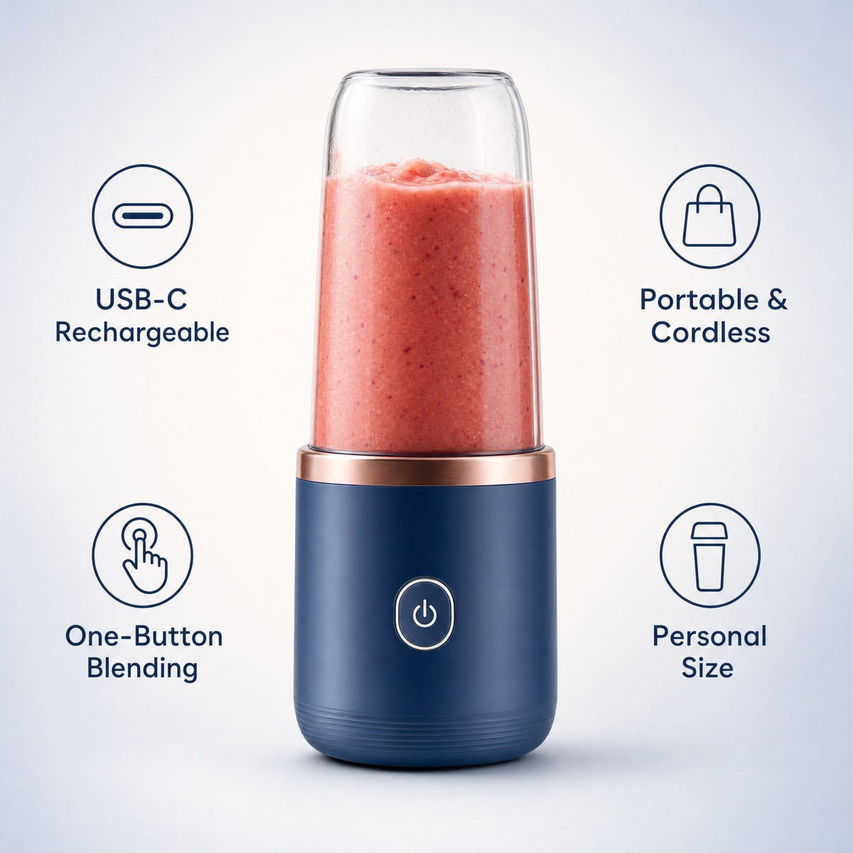 Navy portable blender with feature icons: USB rechargeable, portable and cordless, one-button blending, personal size
