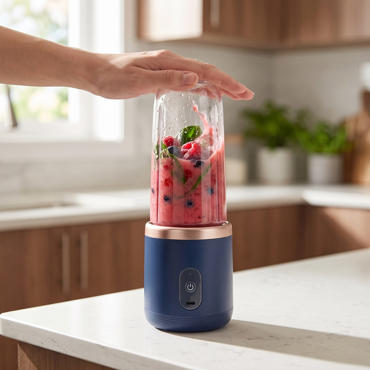 Hand pressing the lid of a navy portable blender filled with berries on a kitchen counter