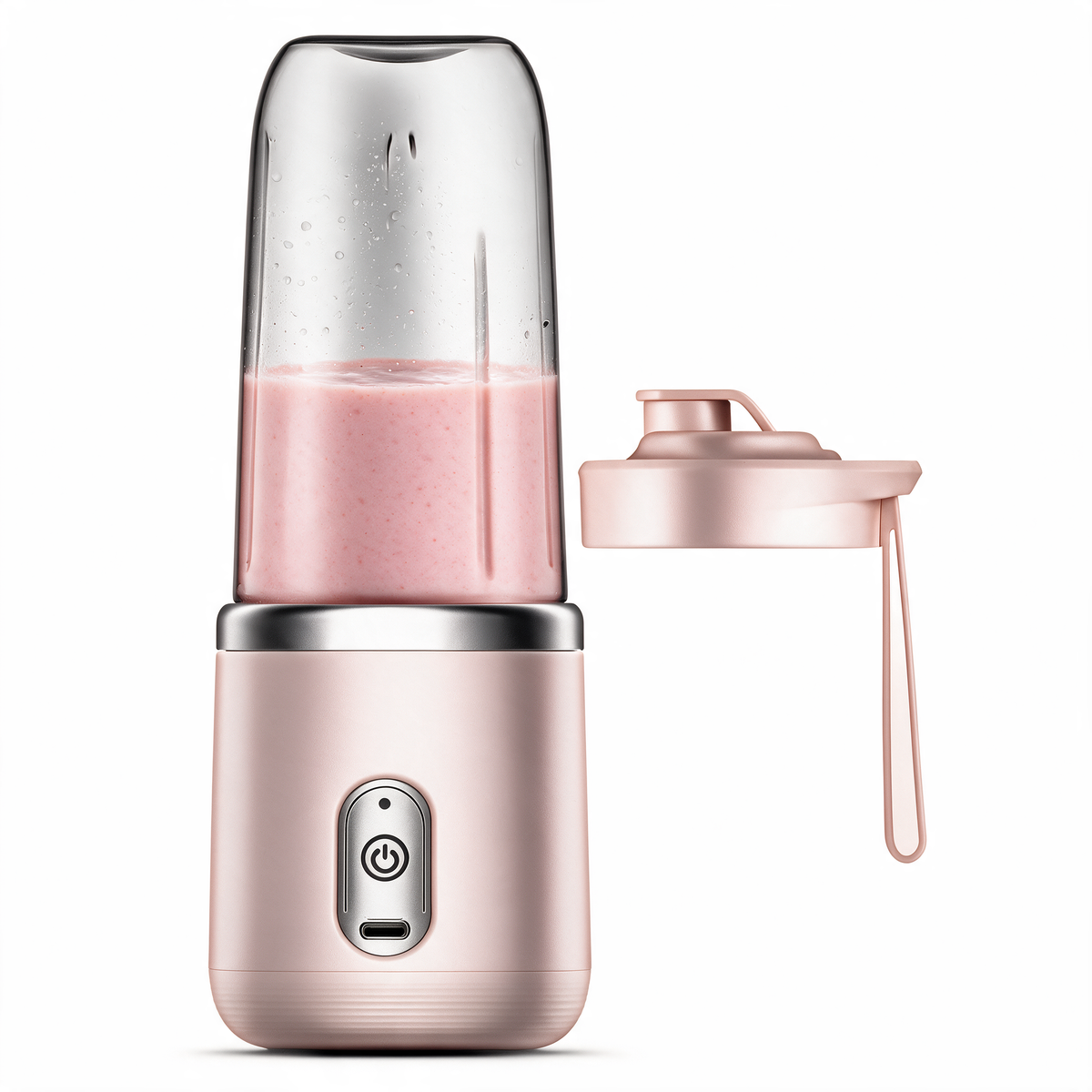 Pink portable blender with spare lid with carry strap