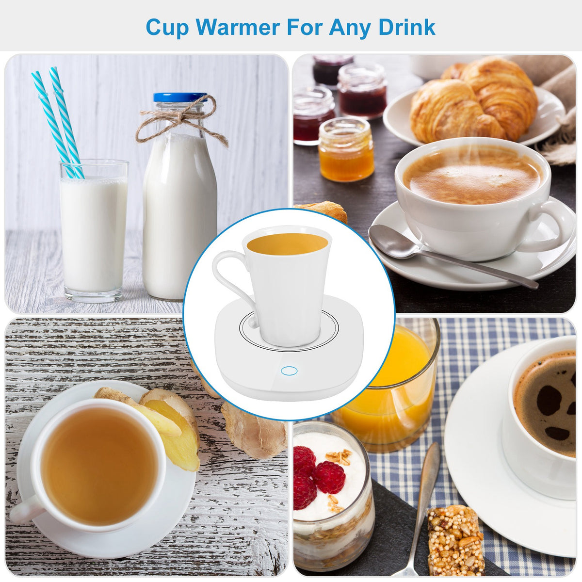 Mug warmer used with coffee, tea and milk in different cups