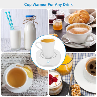 Mug warmer used with coffee, tea and milk in different cups
