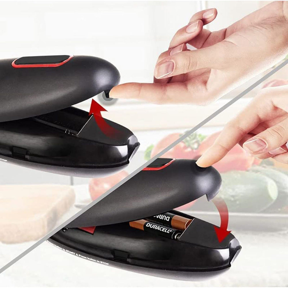 How to open the battery cover and install batteries in the electric can opener