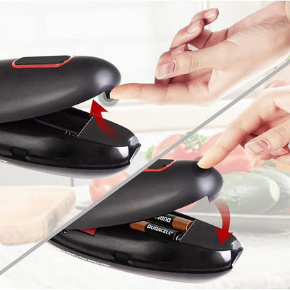 How to open the battery cover and install batteries in the electric can opener