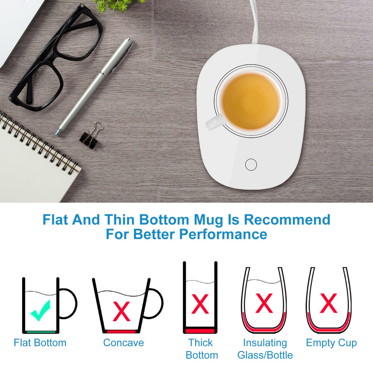 Mug warmer on a desk with a cup of coffee and guide to the best mug types