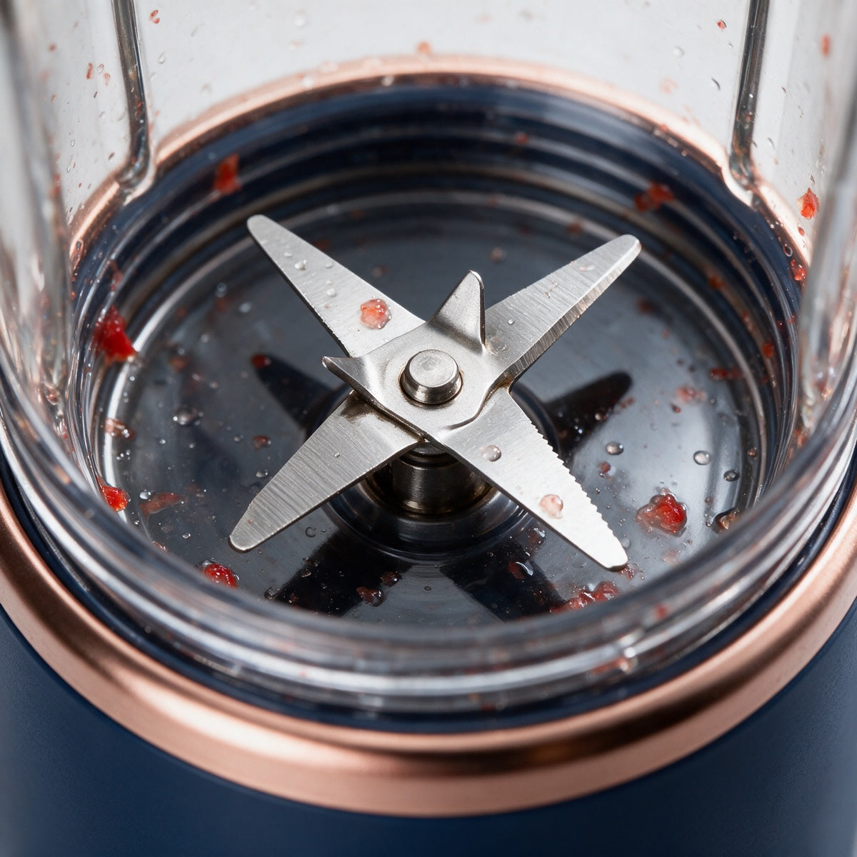 Close-up of the stainless steel 6-blade head inside the blender cup