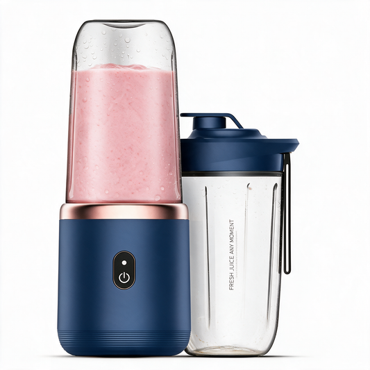 Navy blue 6-blade portable blender with pink smoothie and an extra travel cup with lid