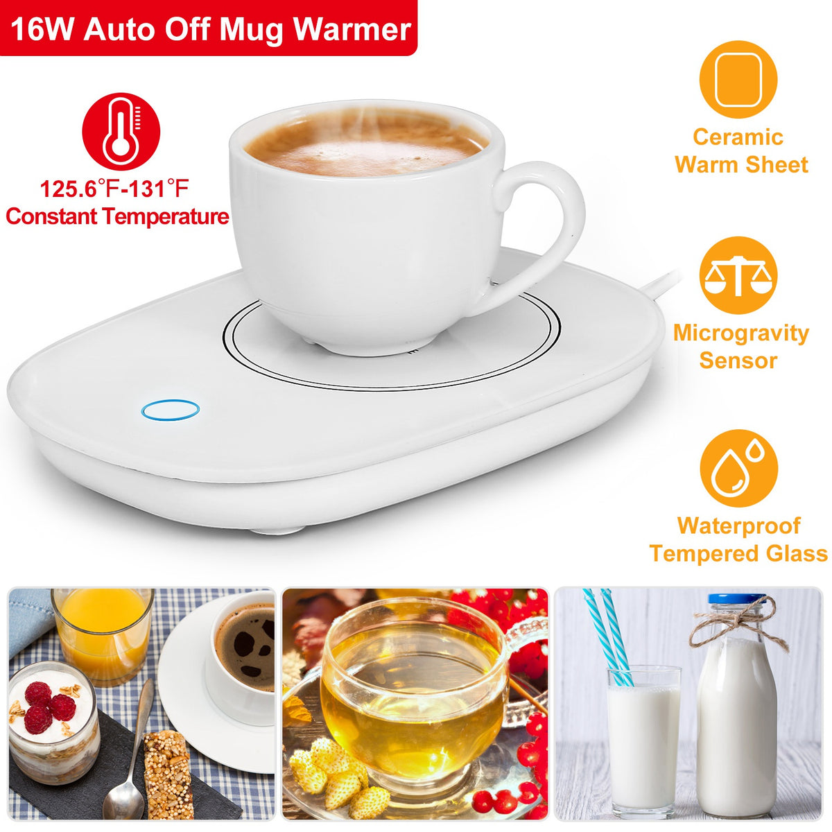Auto on/off mug warmer keeping coffee, tea and milk warm