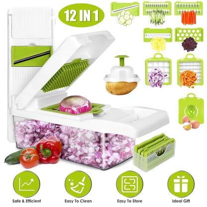 12-in-1 vegetable chopper showing the different cuts: dicing, slicing and grating